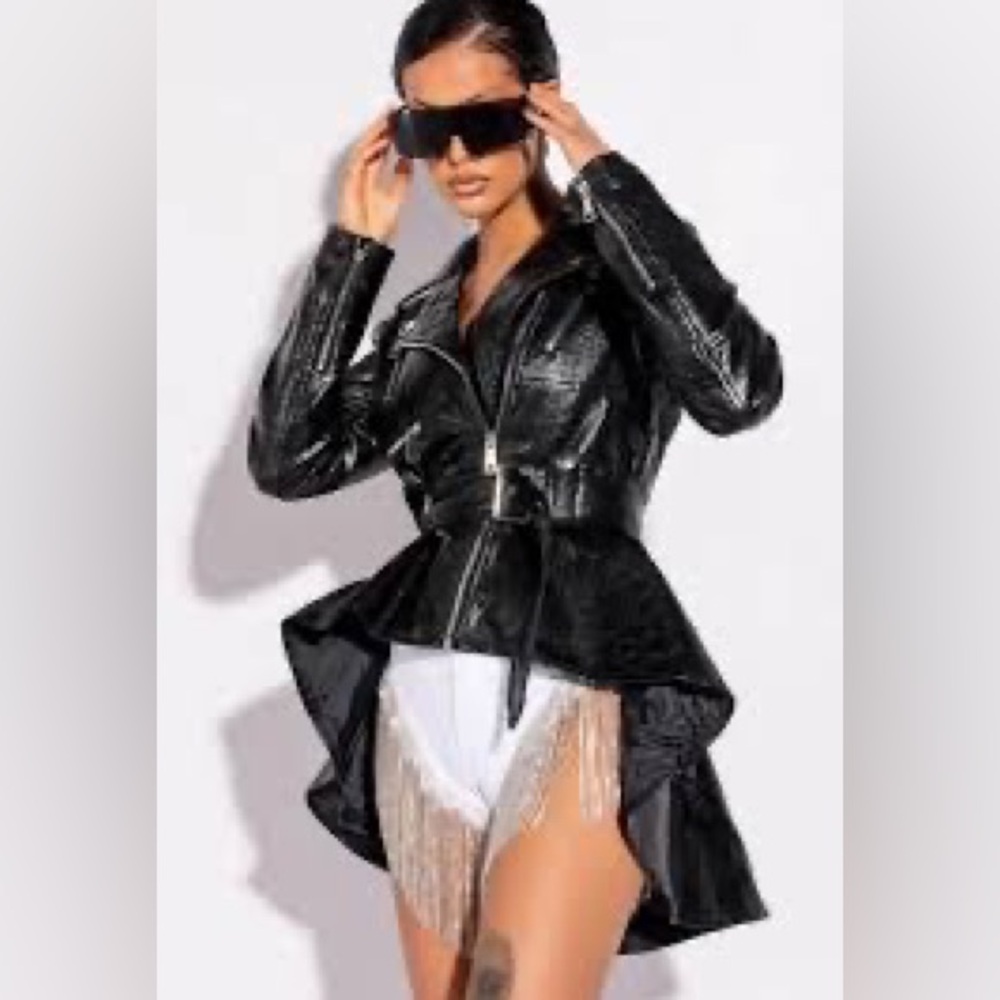 🖤 AZALEA WANG 🔥 VIRGO Croc Peplum Moto Leather Jacket 🖤 NEW +tags - Small